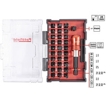 Sada bitov Pattfield so skrutkovačom a rôznymi bitmi v priehľadnom úložnom puzdre