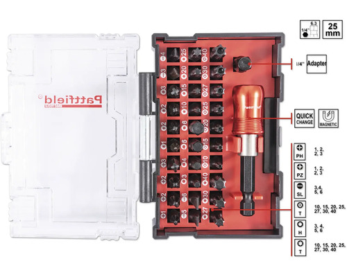 Sada bitov Pattfield so skrutkovačom a rôznymi bitmi v priehľadnom úložnom puzdre