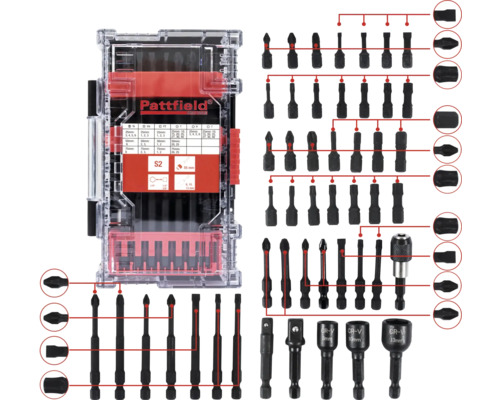 Logo Pattfield. Súprava skrutkovacích bitov v priehľadnej plastovej krabičke