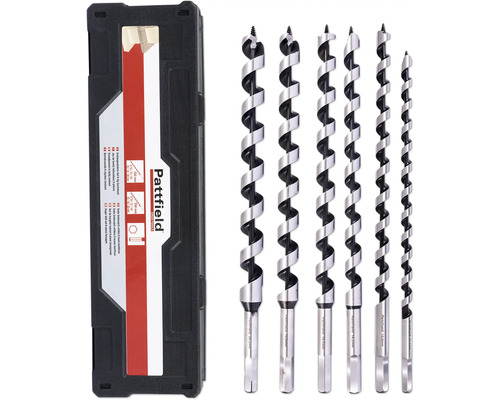 Sada hadovitých vrtákov Pattfield 6diel. šesťhran, na drevo Sada šnekových vrtákov Pattfield so šiestimi kusmi a šesťhrannou stopkou v úložnom boxe