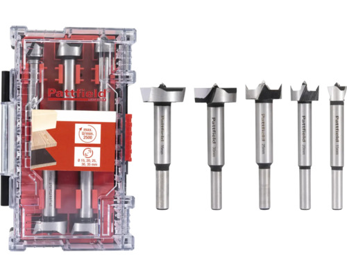 Sada Forstnerových vrtákov Pattfield 5diel. Sada Forstnerových vrtákov Pattfield s rôznymi veľkosťami v úložnom boxe