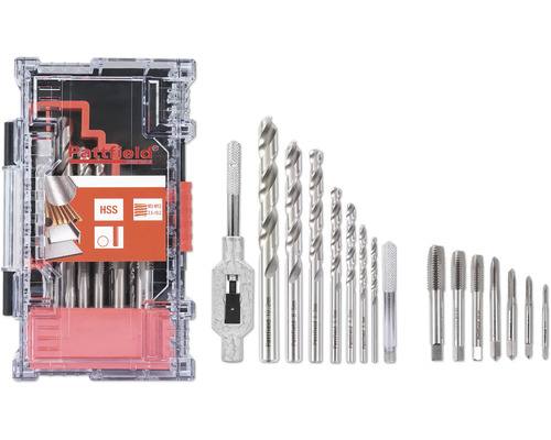 Sada HSS závitorezov Pattfield 15diel. Sada závitníkov a kruhových závitových čeľustí Pattfield s vrtákmi HSS v kufríku
