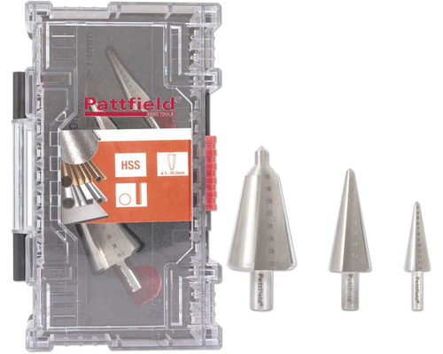 Sada HSS lúpacích vrtákov na plech Pattfield 3diel. Sada stupňovitých vrtákov Pattfield v kufríku