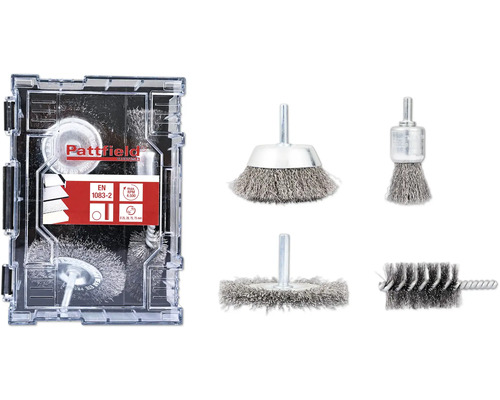 Sada drôtených kief Pattfield 4diel., guľatá stopka Sada drôtených kief Pattfield s rôznymi kefovými nástavcami v úložnom boxe