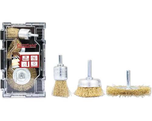 Sada drôtených kief Pattfield mosadz 3diel., guľatá stopka Sada drôtených kief Pattfield pre vŕtačky, štyri rôzne kefy