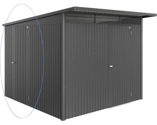 Dvere Biohort AvantGarde Eco Kov sivá Kovová záhradná chatka s dvojkrídlovými dverami a pultovou strechou