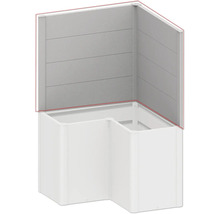 Rohová sprcha s bielymi sprchovými vaničkami a sivými panelmi