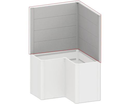 Rohová sprcha s bielymi sprchovými vaničkami a sivými panelmi