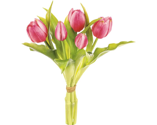 Umelá kytica tulipánov 29 cm ružová Kytica ružových tulipánov so zelenými listami