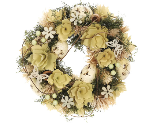 Veniec veľkonočný s vajíčkami Ø 24 cm žltý Dekoratívny veniec s kvetmi, veľkonočnými vajíčkami a motýľmi
