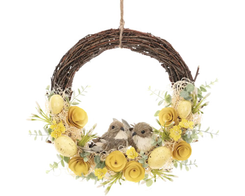 Dekoratívny veniec na dvere s vtáčikmi, kvetmi a veľkonočnými vajíčkami ako veľkonočná dekorácia