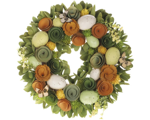 Veniec veľkonočný Ø 30 cm zeleno-biely Dekoratívny veľkonočný veniec s vajíčkami, kvetmi a motýľmi.