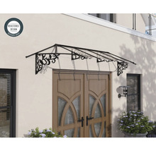 Klasická vchodová strieška z tmavého kovu s ozdobnými prvkami namontovaná nad drevenými dverami. Symbol registrovaného dizajnu.