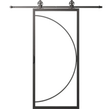 Posuvné dvere s polkruhovým dizajnovým prvkom a posuvným systémom