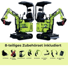 Dva minirýpadlá s 8-dielnou sadou príslušenstva, vrátane lopaty, rýchloupínača, slnečnej striešky, veka, palca, paletových vidiel, hrable a svahovej lyžice