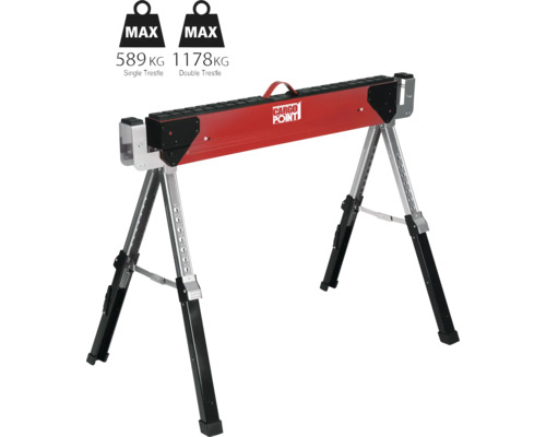 Logo Cargo Point na červenej a striebornej stavebnej koze s maximálnym zaťažením 589 kilogramov pri jednoduchej koze a 1178 kilogramov pri dvojitej koze.