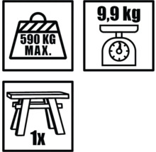 Symboly pre maximálne zaťaženie 590 kilogramov, hmotnosť 9,9 kilogramov a jeden kus