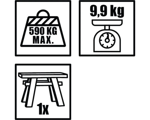 Symboly pre maximálne zaťaženie 590 kilogramov, hmotnosť 9,9 kilogramov a jeden kus