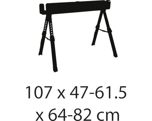 Dve výškovo nastaviteľné kozy s rozmermi 107 x 47-61,5 x 64-82 cm.
