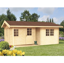 Drevený záhradný domček s hnedou strechou, oknami a dverami