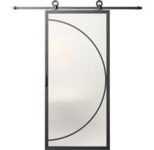 Sklenené posuvné dvere s kovovým rámom a polkruhovým dizajnom