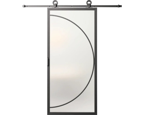 Sklenené posuvné dvere s kovovým rámom a polkruhovým dizajnom