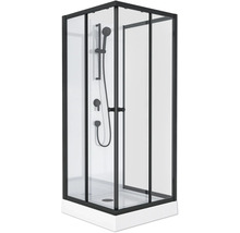 Rohová sprcha s čiernym rámom, sprchovou hlavicou a armatúrami