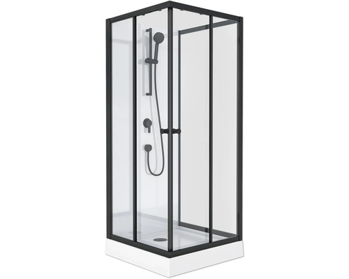 Rohová sprcha s čiernym rámom, sprchovou hlavicou a armatúrami