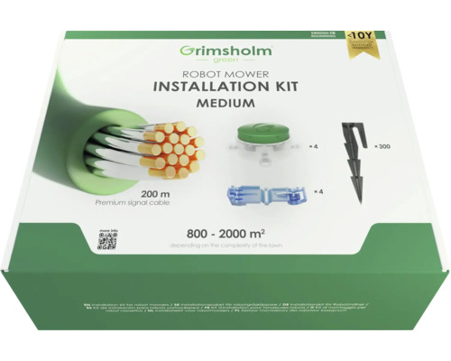 Inštalačná sada Grimsholm M na robotické kosačky 200 m Inštalačná súprava Grimsholm Medium pre robotické kosačky s 200 m signálnym káblom, 4 pripojovacími svorkami, 4 káblovými konektormi a 300 kolíkmi