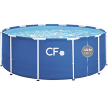 Modrý rámový bazén s bielym rámom a výškou 1,22 metra.