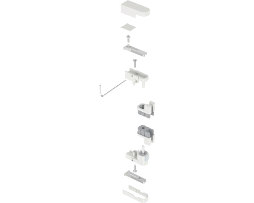 Rozkreslený pohľad na roletovú skriňu s príslušenstvom a skrutkami