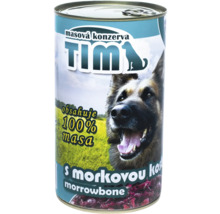 Konzervované krmivo pre psov s dreňovou kosťou v otvorenom kovovom vedre