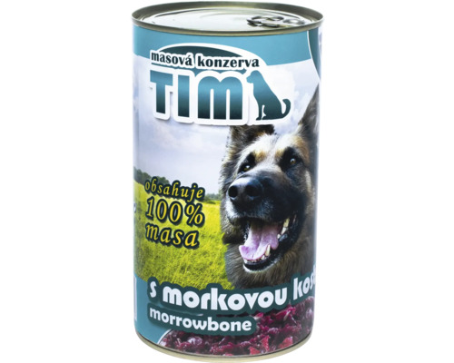 Konzervované krmivo pre psov s dreňovou kosťou v otvorenom kovovom vedre