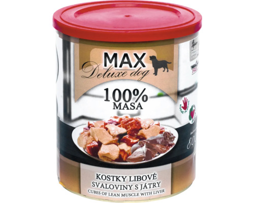 Max Deluxe mokré krmivo pre psov s chudým svalovým mäsom a pečeňou v plechovke
