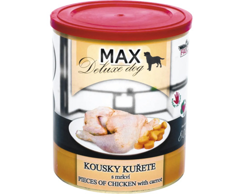 Max Deluxe vlhké krmivo pre psy s kuracím mäsom a mrkvou v konzerve
