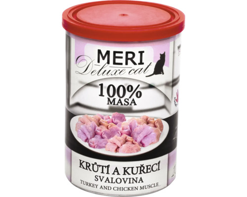 Meri Deluxe Cat krmivo pre mačky s morčacím a kuracím mäsom vo svalovine v konzerve