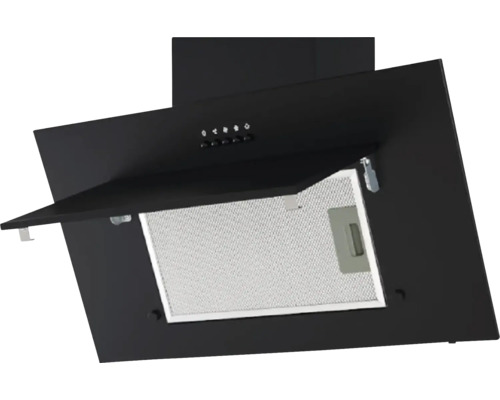 Čierny digestor s otvorenou klapkou a kovovým filtrom