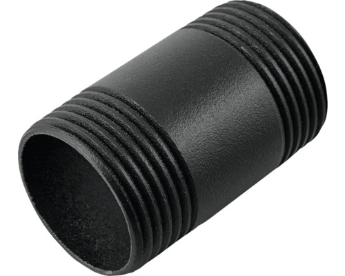 Čierna kovová rúrková vsuvka so závitovými koncami.