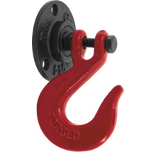 Červený zdvíhací hák s čiernym držiakom na montáž na stenu