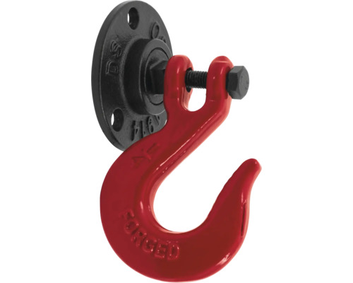 Červený zdvíhací hák s čiernym držiakom na montáž na stenu