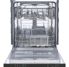 Otvorená umývačka riadu s kovovým interiérom.