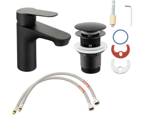 Umývadlová batéria s odtokovou súpravou a prívodnými hadicami