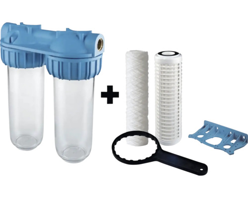 Dvojitý vodný filter s filtračnými patrónami, montážnym kľúčom a nástenným držiakom