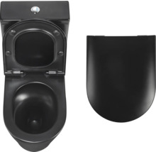 Čierna stojaca toaleta s otvoreným splachovacím kruhom a odnímateľným WC sedadlom