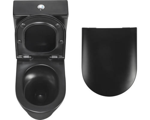 Čierna stojaca toaleta s otvoreným splachovacím kruhom a odnímateľným WC sedadlom