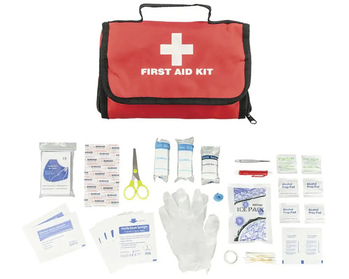 Lekárnička s obväzmi, nožnicami, tampónmi a ďalším vybavením