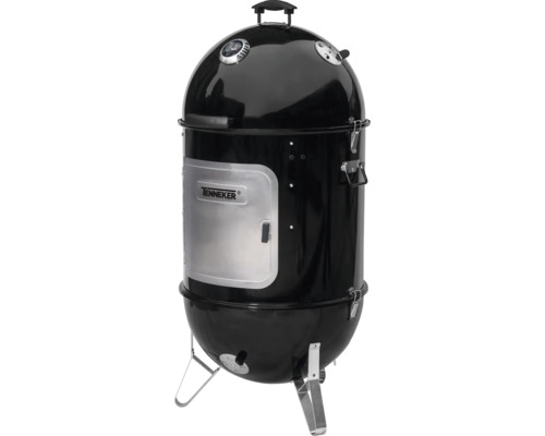 Čierny vertikálny gril Tenneker s ukazovateľom teploty a striebornými dvierkami