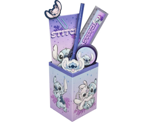 Stolová súprava s pravítkom, ceruzkou, gumou, strúhadlom, poznámkovým blokom a sponkou s motívom Stitch