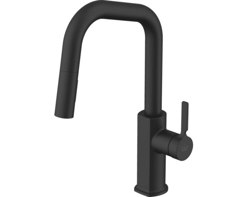 Čierna kuchynská batéria s vysokým výtokom a výsuvnou sprchou