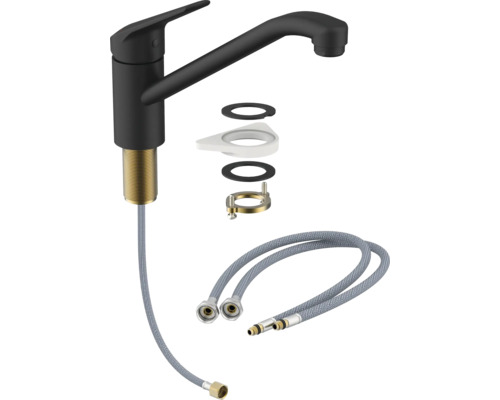 Kuchynská batéria v čiernej farbe s flexibilnými pripojovacími hadicami a upevňovacím materiálom